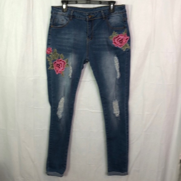 JJWomens High Waist Embroidered Rose Destroyed Denim Skinny Jeans Pocket Size XL - Picture 3 of 7
